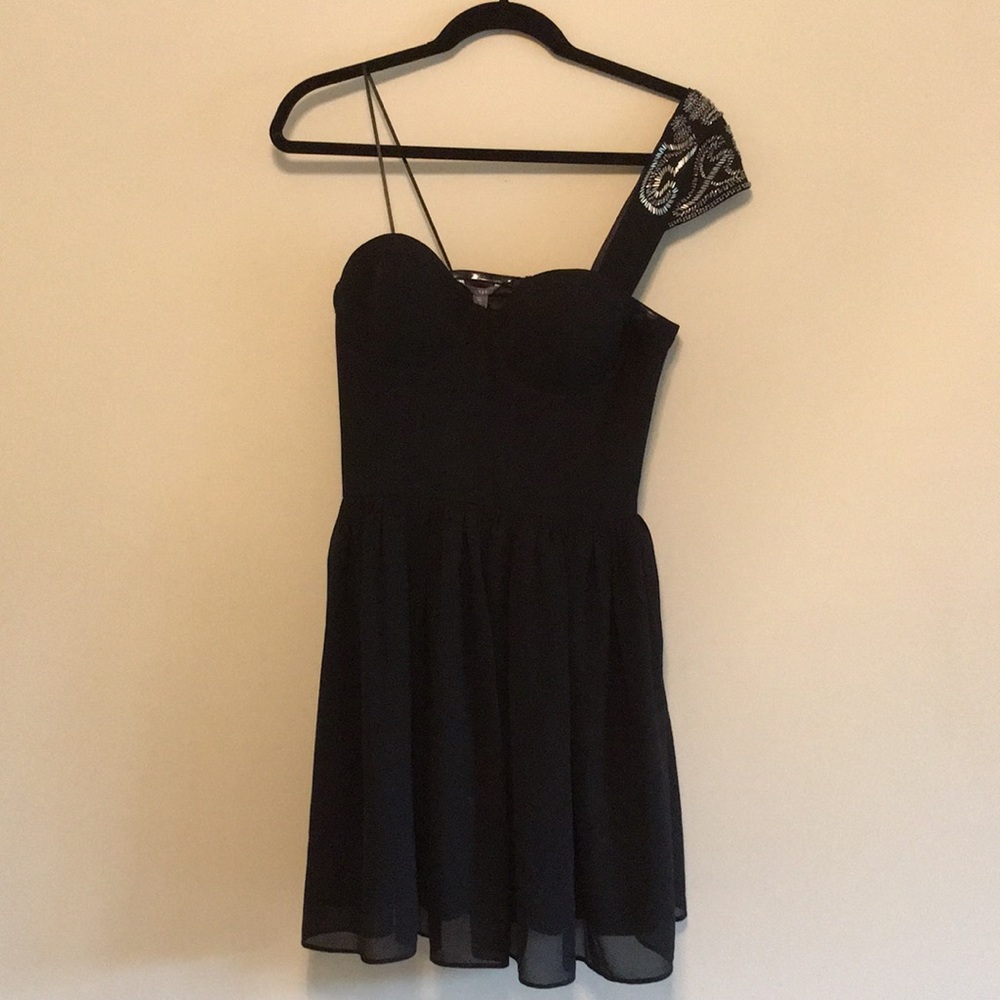 NWT one shoulder beaded black cocktail dress